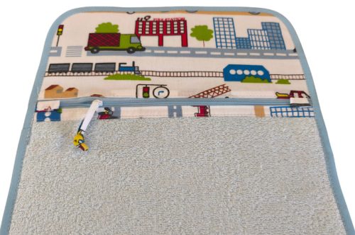 Aztadejó munkagépes városos világoskék kéztörlő cipzáras zsebbel – 30×50 cm