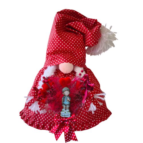 Aztadejó Anyák napi Manó, Orrmanó 30 cm piros fehér tűpettyes szoknyás lány manó