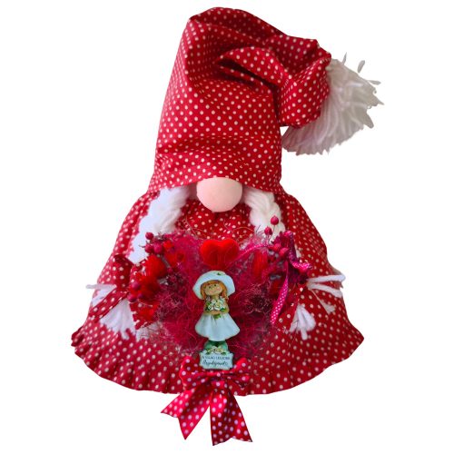 Aztadejó Anyák napi Manó, Orrmanó 30 cm piros fehér tűpettyes szoknyás lány manó