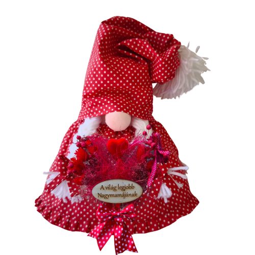 Aztadejó Anyák napi Manó, Orrmanó 30 cm piros fehér tűpettyes szoknyás lány manó