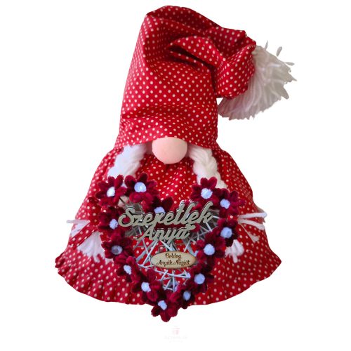 Aztadejó Anyák napi Manó, Orrmanó 30 cm piros fehér tűpettyes szoknyás lány manó