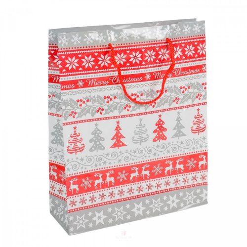 Karácsonyi ajándéktasak piros-fehér-szürke mintás 26x32cm