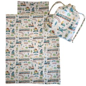   Aztadejó vonatos, repülős bölcsis ovis ágyneműhuzat hátizsákba csomagolva 100x135 cm 40x50 cm