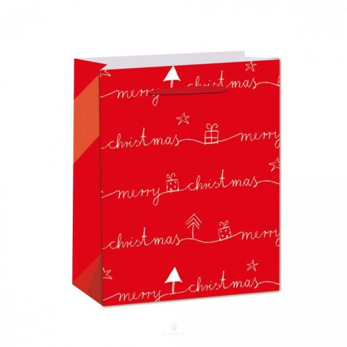 Ajándéktasak Merry Christmas felirattal piros ezüst 26x32cm