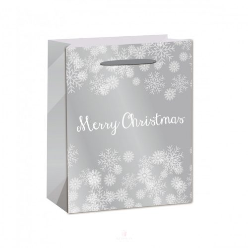 Ajándéktasak hópihés Merry Christmas felirattal ezüstfehér 26x32cm