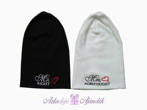 Mr RIGHT és Mrs ALWAYS RIGHT feliratú sapka fekete-fehér Mr és Mrs hímzett mintával
