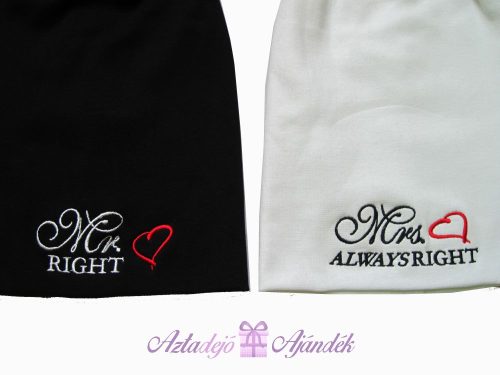 Mr RIGHT és Mrs ALWAYS RIGHT feliratú sapka fekete-fehér Mr és Mrs hímzett mintával