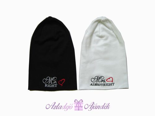 Mr RIGHT és Mrs ALWAYS RIGHT feliratú sapka fekete-fehér Mr és Mrs hímzett mintával
