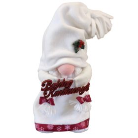   Aztadejó Karácsonyi Manó 30 cm fehér ruhában piros felirattal, fagyönggyel