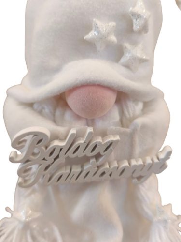 Aztadejó Karácsonyi Manó 30 cm fehér ruhában fehér felirattal