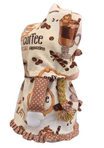 Aztadejó Kávé manó, Orrmanó bézs alapú szoknyában pöttyös masnikkal barna hajjal