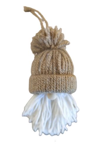 Aztadejó kézműves manó dísz – 1 darab fonalból készült karácsonyfadísz, ajándékkísérő