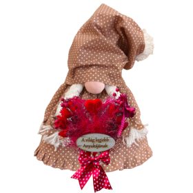   Aztadejó Anyák napi Manó, Orrmanó 30 cm barna fehér tűpettyes szoknyás lány manó