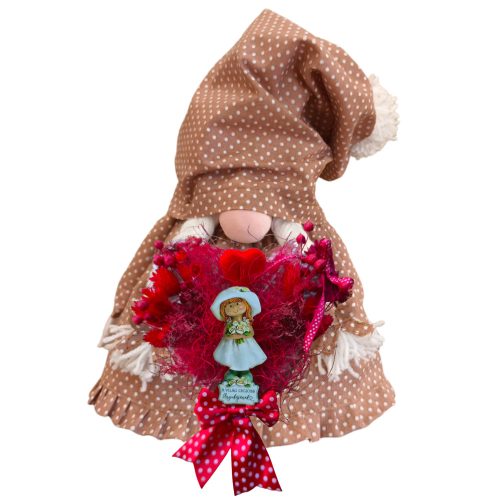 Aztadejó Anyák napi Manó, Orrmanó 30 cm barna fehér tűpettyes szoknyás lány manó