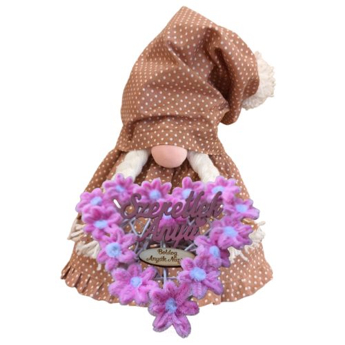 Aztadejó Anyák napi Manó, Orrmanó 30 cm barna fehér tűpettyes szoknyás lány manó