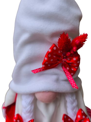 Aztadejó Manó, Orrmanó 39 cm fehér ruhás lány manó piros pöttyös masnival