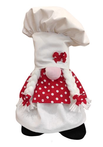 Aztadejó Manó Orrmanó 26 cm szakács lány manó piros pöttyös kötényben