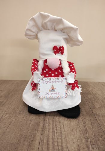 Aztadejó Manó Orrmanó 26 cm szakács lány manó piros pöttyös kötényben