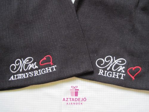 Mr RIGHT és Mrs ALWAYS RIGHT feliratú sapka fekete-fekete Mr és Mrs hímzett mintával