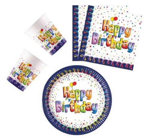 Multicolor Happy Birthday party szett 36 db-os 20 cm-es tányérral