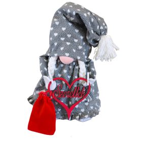   Aztadejó Valentin-napi manó szürke fehér szivecskés szoknyában – „Szeretlek” szívvel