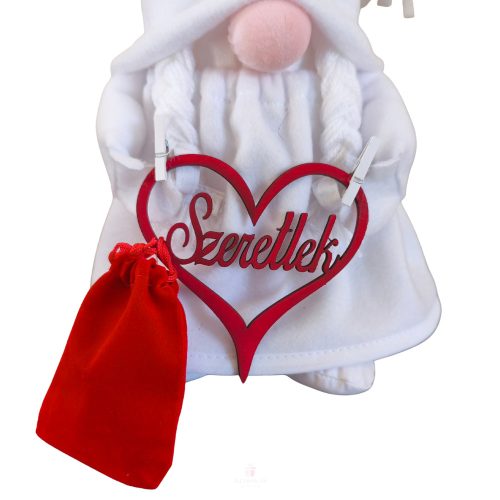 Aztadejó Valentin-napi manó fehér ruhában – „Szeretlek” szívvel