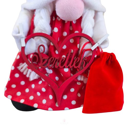 Aztadejó Valentin-napi manó piros pöttyös szoknyában – „Szeretlek” szívvel